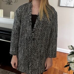 Leith Coat Womens Size XS Black White Tweed Fray Cocoon Single Button Lined